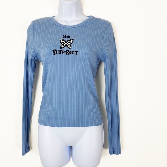 FOREVER21 Blue Ribbed Knit Long Sleeve Fitted Tee Size Large Y2K Style - Picture 1 of 4